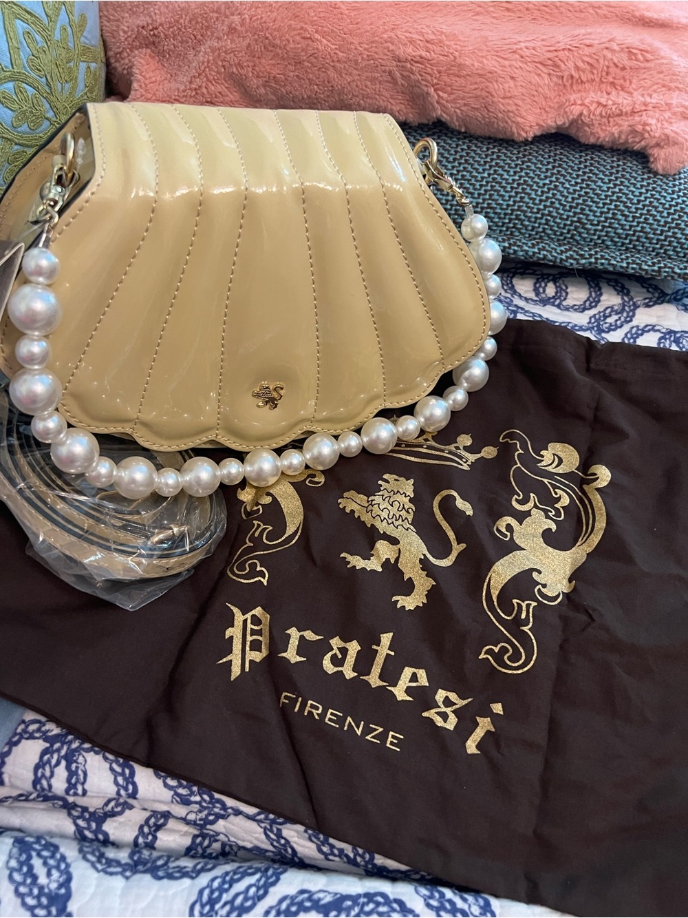 Pratesi Cream Patent Pearl-Handle Shoulder Bag